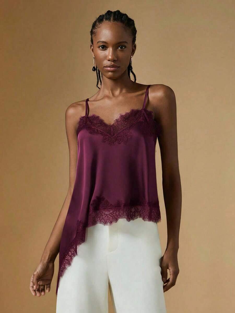 Camiseta de tirantes casual y versátil para mujer con parches de encaje, lunares y dobladillo asimétrico, elegante top de verano para mujer - Rojo violeta - Ver 1