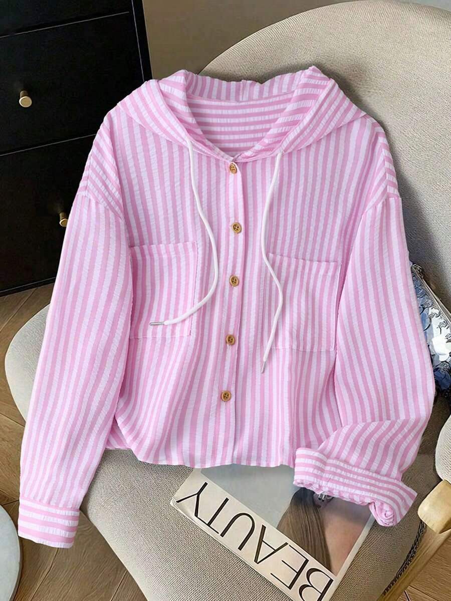 Camisa con capucha holgada con cordón de rayas azules y blancas para mujer, nueva para primavera/otoño - Rosa - Ver 1