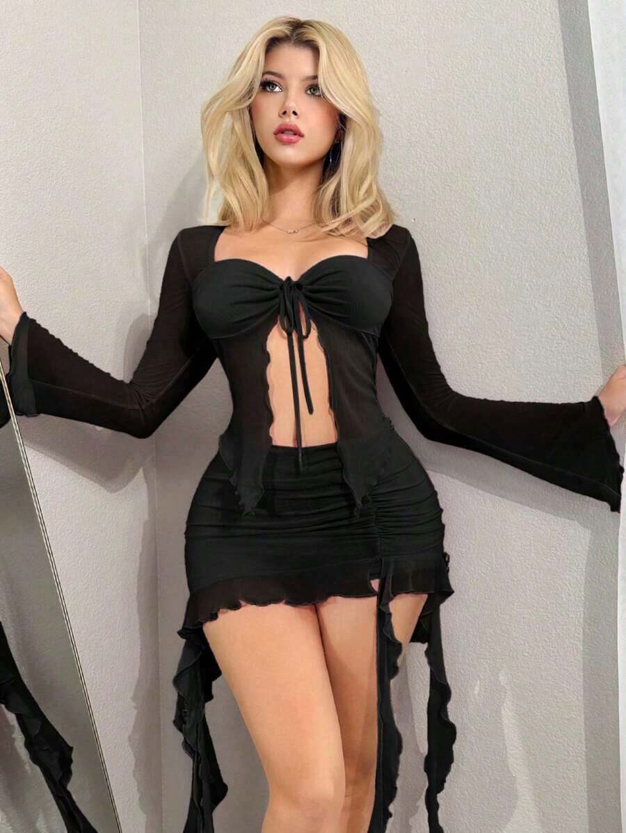 Conjunto de dos piezas de blusa de malla transparente de manga larga sexy y falda con banda de cintura de gelatina de color azul bebé con volantes, estilo Y2K para salir, para mujeres en otoño - Negro - Ver 1