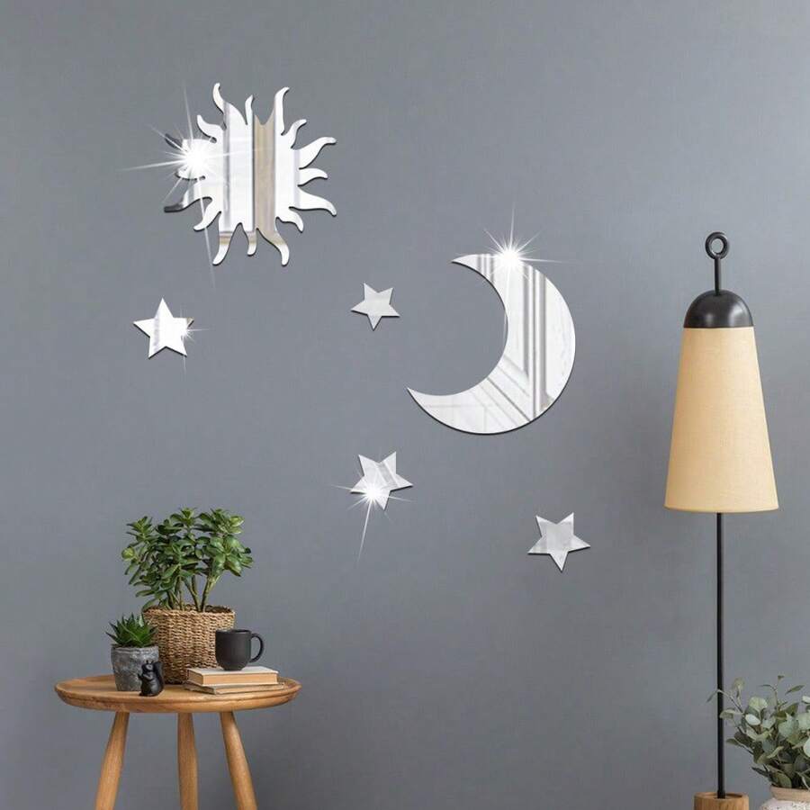 6pcs Star & Moon Combination Acrylic Mirror 3D Self-Adhesive DIY Wall Sticker For Bedroom & Living Room, Removable - 6pcs/set - View 1