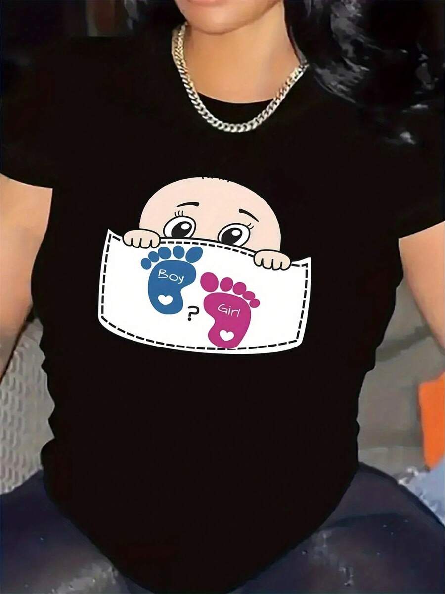 Short-Sleeved Polyester T-Shirt, Suitable For Gender Reveal Parties, Durable And Comfortable, Ideal For Wearing In The Home Living Room, Soft Fabric Material, Stylish Footprint Print Design, Perfect Choice For Casual Wear. - 黑色 - 查看 1