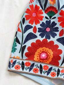 Conjunto informal de 2 piezas de top tubo corto anudado de unicolor y shorts con estampado floral para vacaciones de mujer - Azul - Ver 3