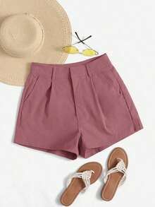 Shorts diarios tejidos de unicolor para mujer, sencillos - Rosa vieja - Ver 1