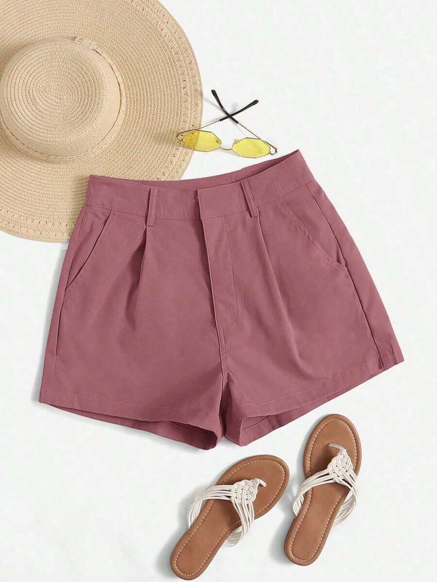Shorts diarios tejidos de unicolor para mujer, sencillos - Rosa vieja - Ver 1