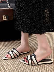 Women's Summer Pointed Toe Slip-On Slippers, Fashionable Comfortable Color Block Design, Popular Style - Black - View 5