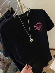 Multicolor Heavyweight T-Shirt, 100% Pure Cotton, With Modern Print, Unisex, New Spring/Summer/Autumn Style, Breathable And Comfortable, Simple And Versatile. - Hitam - View 2