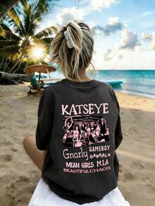 Tween Girls Casual Printed Round Neck Short Sleeve T-Shirt, Summer Top - Dark Grey - View 2