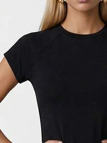 Women's Solid Color Round Neck Raglan Short Sleeve Casual T-Shirt - Black - View 4