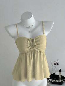Camiseta de tirantes con volantes de unicolor lindo para damas, ropa de verano para la universidad - Caqui - Ver 1