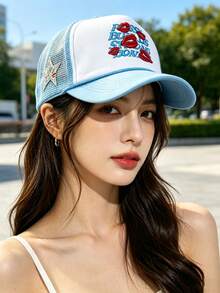 1pc Hot Selling Summer Embroidered Lip Letter Mesh Baseball Cap, Breathable Sports Sun Hat - A - View 4