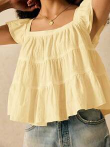 Blusa informal de mujer con volantes en el borde de unicolor - Amarillo claro - Ver 1