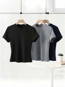 Camiseta casual de mujer de manga corta con cuello redondo de unicolor para verano - Multicolor 7 - Ver 7