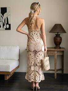 Đầm hai dây móc kiểu Bohemian, đầm dài ren rỗng cho kỳ nghỉ biển, trang phục đi biển phong cách Bohemian phù hợp cho tiệc bãi biển. - Màu be - Xem 7