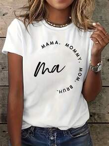 Top casual de cuello de tripulación de manga corta estética para mujeres, con un diseño impreso con frases como 'Mamá', 'Mamá' y 'Bruh', perfecto para verano y primavera - Blanco - Ver 2