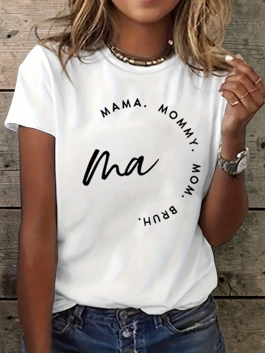 Top casual de cuello de tripulación de manga corta estética para mujeres, con un diseño impreso con frases como 'Mamá', 'Mamá' y 'Bruh', perfecto para verano y primavera
