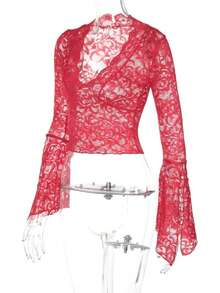 Blusa de encaje con escote profundo manga larga  ajustada - Rojo - Ver 6