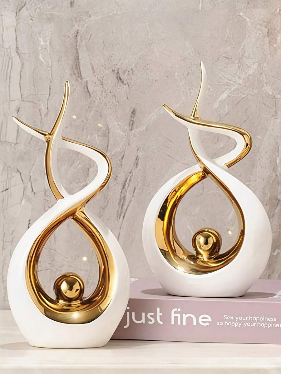 Tác phẩm điêu khắc trừu tượng màu trắng trang nhã với điểm nhấn vàng, trang trí nhà hiện đại, vật trang trí nghệ thuật phù hợp cho phòng khách, phòng ngủ, bàn làm việc, quà tặng sáng tạo. - A - Xem 1