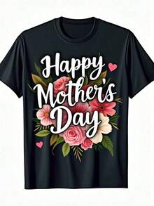 Mother's Day Set, Printed T-Shirt For Mother's Day, 'Happy Mother's Day' T-Shirt | Floral And Heart Print With Pink And Peach Flowers, Casual Short Sleeves, Crew Neck, Comfortable Fit, Medium Stretch Fabric, Suitable For All Seasons, Perfect Gift For Mom And Grandma. 100% Cotton. Women's Tops. - 黑色 - 查看 1