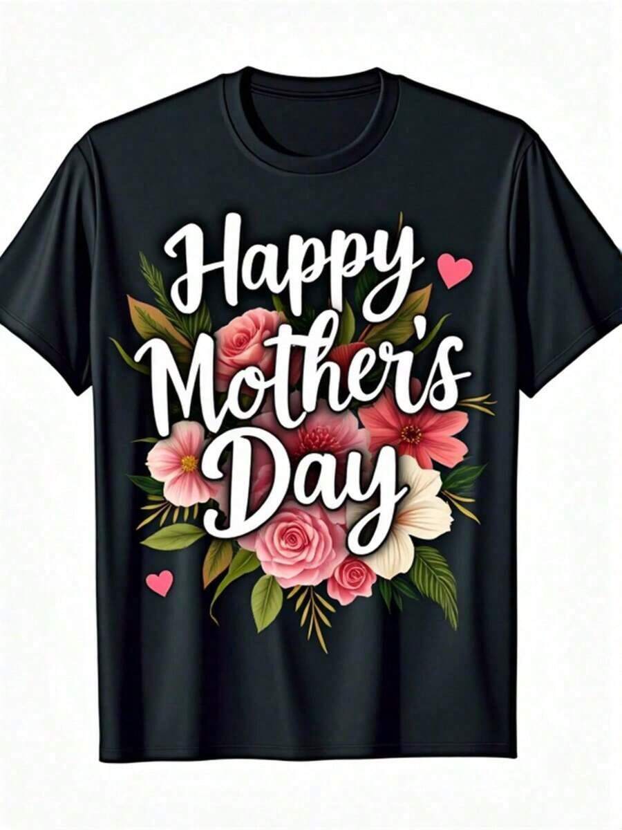 Mother's Day Set, Printed T-Shirt For Mother's Day, 'Happy Mother's Day' T-Shirt | Floral And Heart Print With Pink And Peach Flowers, Casual Short Sleeves, Crew Neck, Comfortable Fit, Medium Stretch Fabric, Suitable For All Seasons, Perfect Gift For Mom And Grandma. 100% Cotton. Women's Tops. - 黑色 - 查看 1