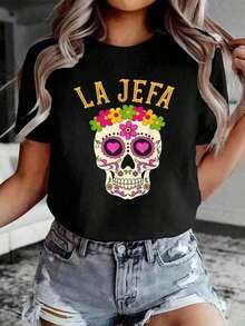 Conjunto para el Día de la Madre, Ropa de San Valentín para Mujer, Camiseta de Navidad para Mujer 100% Algodón, Camiseta con Estampado de Calavera de Azúcar "La Jefa" para el Día de los Muertos, Camiseta Casual de Manga Corta con Cuello Redondo para Mujer y Niñas, Camiseta Cómoda para Primavera y Ropa de Mujer, Vestido , Ropa de San Valentín, 100% Algodón, Camisetas Frescas para Mujer - Blanco - Ver 7