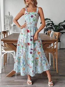 Vestido deslizante casual y elegante con diseño de cintura elástica, lazo de moño y estampado floral para vacaciones y uso diario de mujer - Azul - Ver 6