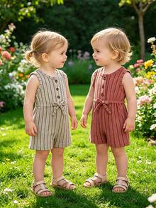 Baby Girls' Casual Ribbed Sleeveless Round Neck Button Front Romper, Suitable For Daily Wear & Parent-Child Outings, Summer - Multicolor - View 3