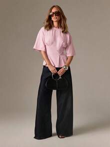 Camiseta de algodón rojo con peplum, de manga corta, cuello redondo, cintura ajustada, casual - Rosa - Ver 4
