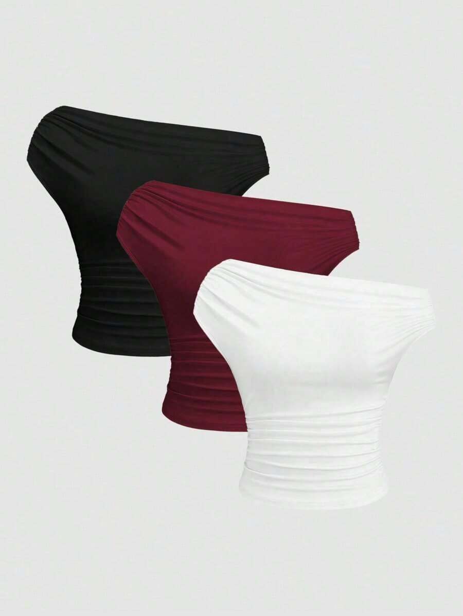 Camiseta ajustada de manga corta y cuello asimétrico de color liso, versátil y cómoda - Multicolor 4 - Ver 1