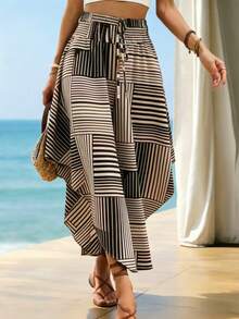 Striped Contrast Color Waist Band Women's Skirt - Multicolor - View 6