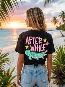 This Casual Short-Sleeved Crew Neck T-Shirt Features A Popular Crocodile Print, A Crocodile Tattoo, And A Slogan, Making It Perfect For Spring And Summer. Women's T-Shirt - Cool Summer Wear - 黑色 - 查看 2