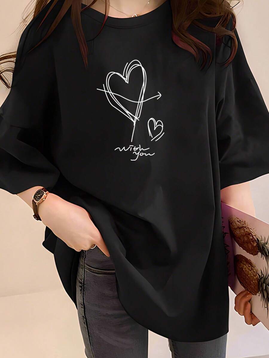 Talla Grande, Camiseta de Talla Grande para Mujer 1XL-5XL con Diseño de Línea de Latidos del Corazón y Letras - Blusa Casual de Manga Corta con Cuello Redondo, Tela de Elasticidad Media (Talla Grande-2Y237) - Ropa Casual para Primavera, Verano y Otoño, Lavable a Máquina para mayor comodidad. - Negro - Ver 1
