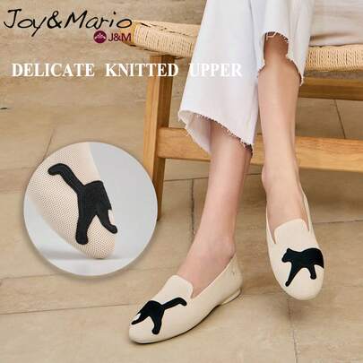 joy&mario 1 par de mocasines de punto con bordado de gato beige para mujer, planos casuales transpirables y ligeros, para uso diario y estilo callejero - J&M