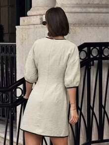 Woven Fabric Elegant Party Casual Fashion Contrast Trim Keyhole Neck Drop Shoulder Dress - Apricot - View 6