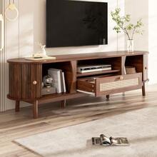 TV Stand With Doors And Drawers. Rattan TV Cabinet, Solid Wood Doors, Rustic Style Storage Solution – Low Front Panel. - 棕色 - 查看 5