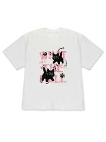 Camiseta holgada de mujer para primavera/verano 2026, la más vendida, con hombros descubiertos, estampado de letras con efecto de tinta salpicada y un pequeño gato negro, estilo dulce y moderno, agradable al tacto y lavable, perfecta para jóvenes que marcan en el estilo urbano. - Blanco1 - Ver 7