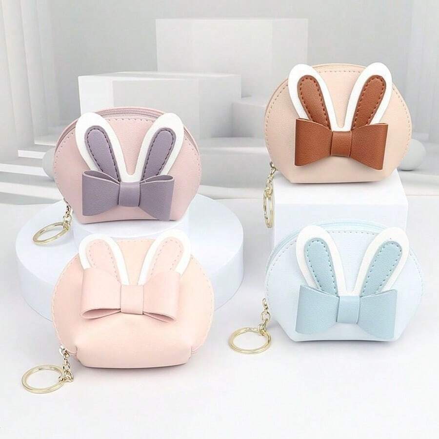 1pc Cute Bowknot Rabbit Compact Coin Purse, DIY Decor Pendant Suitable For Student & Women Backpack, Fashionable & Versatile - Multicolor - View 1