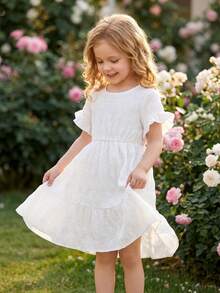 Vestido casual de verano para niñas con volantes y mangas abullonadas en blanco - Estilo minimalista de moda, diseño ligero, adecuado para niñas de 4 a 7 años de edad en vacaciones - Blanco - Ver 4