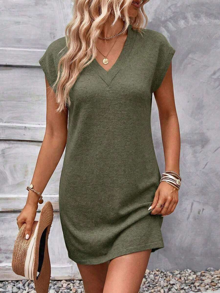 Women's Summer Solid V-Neck Batwing Short Sleeve Casual Dress - Nhiều màu 2 - Xem 1