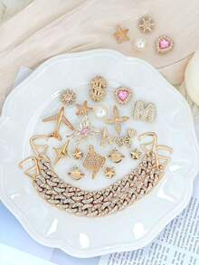 Fashionable Girl's Jelly Shoes Charms Set - Bow, Dollar Sign, Star & Flower Decor, Shiny Hole Punch Shoe Accessories - Gold Powder Dancer Chain Set - View 2
