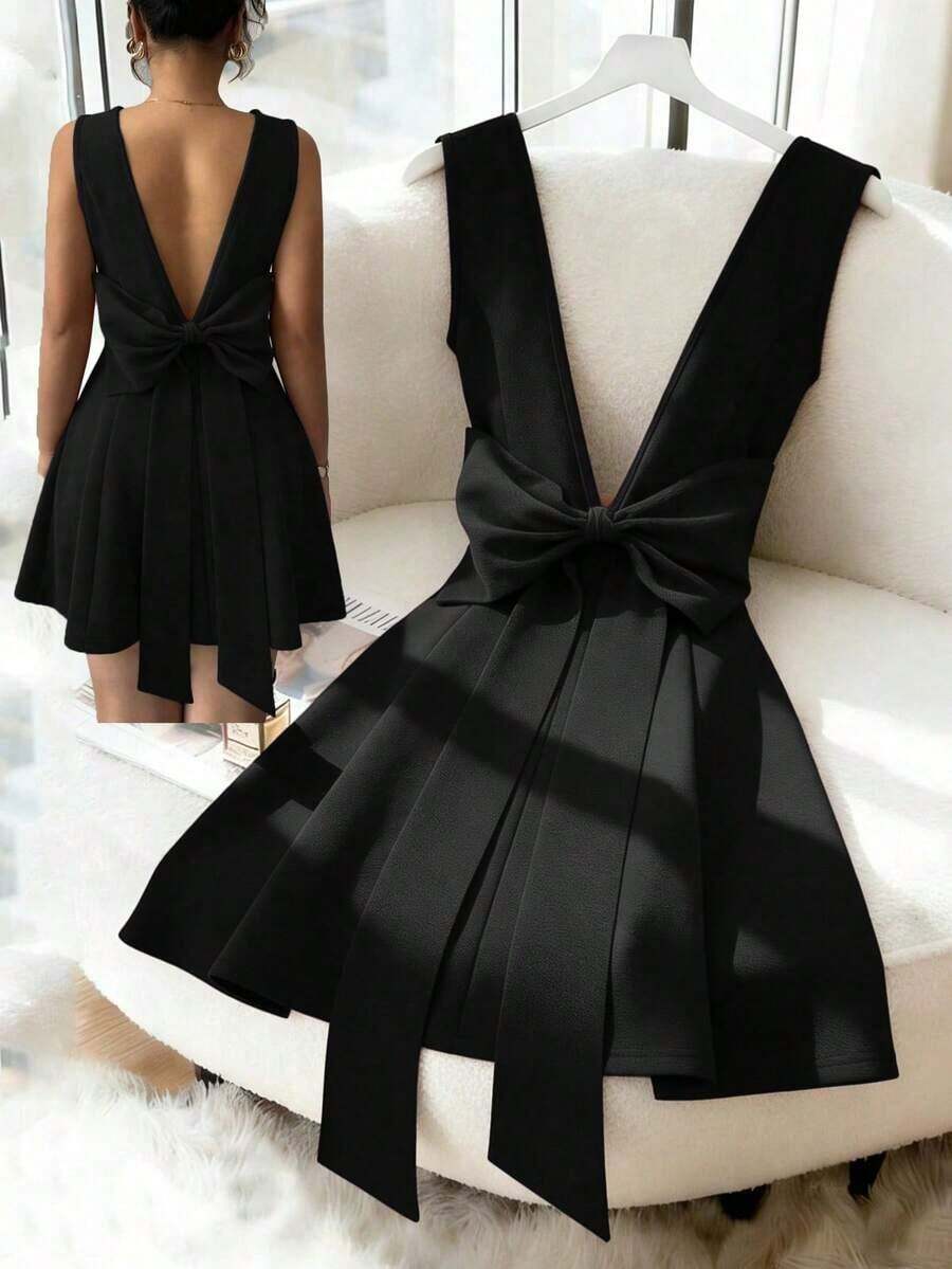Vestido elegante y sexy de color borgoña con cuello en V, espalda descubierta, ajustado con vuelo en el bajo, sin mangas y con detalle de lazo.Adecuado para el Día de la Independencia y días festivos - Negro - Ver 1