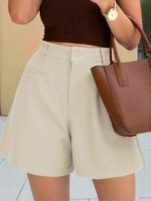 Pantalones cortos de pierna ancha con cremallera de unicolor, de moda casual, apropiados para el verano - Beis 2 - Ver 3