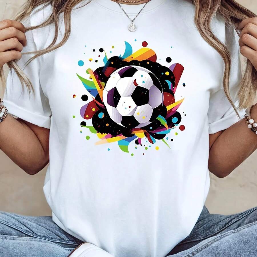 Camiseta para Mujer con Estampado de Letra "C" y Texto Dorado, Manga Corta - Blanco - Ver 1