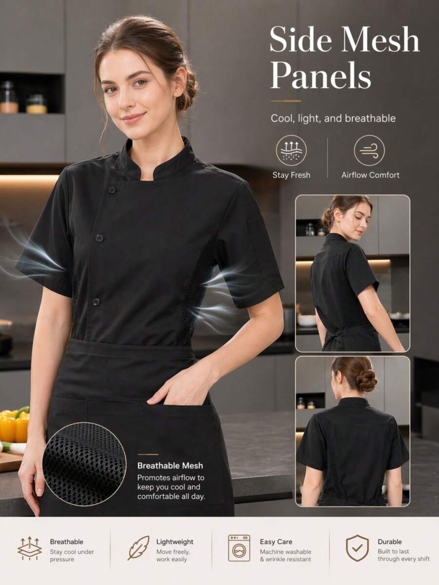 Damen Profi Schwarze Kochjacke, klassisches Stehkragen Design, gewebter Stoff, normale Passform, praktische Arbeitskleidung - Schwarz - Übersicht 1