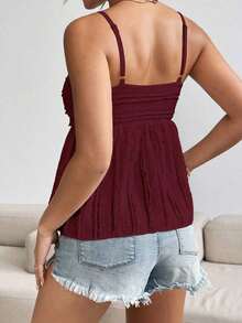 Camiseta sin mangas de mujer de moda con diseño plisado de unicolor y ribete de encaje - Rojo - Ver 2