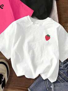Set de 3 camisetas cortas de mujer de manga corta y cuello redondo con estampados minimalistas casuales de corazón, lazo y fresa - Multicolor 3 - Ver 5
