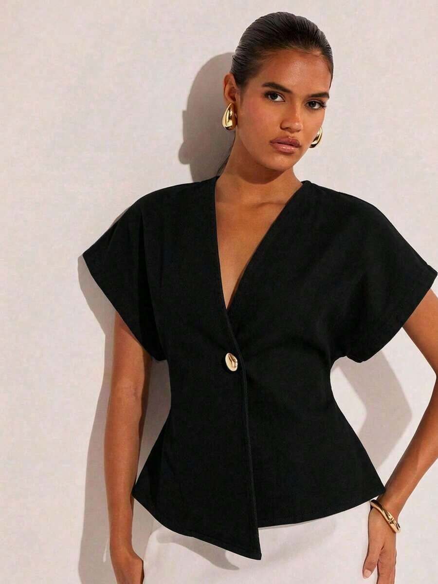 Denim Blusa de mezclilla de manga de murciélago con un solo botón de moda para mujer, de verano - Negro - Ver 1
