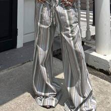 Tall Women's High-Waist Striped Linen Wide Leg Pants, Beach Vacation Casual Countryside Style, Elegant And Natural, Random Floral Pattern, Summer Fall Women Clothes Back To School - Verde militar - Ver 9