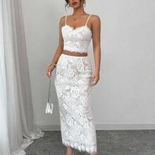 2pcs/Set Women Lace Solid Color Spaghetti Strap Lace Trim Patchwork Open Back Slit Holiday Party Elegant Glamourous Sexy Bohemian Style Vacation Summer Sleeveless Top & Skirt Set - Blanco - Ver 4