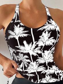 Bikini Estilo Chaleco Estampado Con Palmeras Para Mujer, Para Carnaval - Blanco y Negro - Ver 4