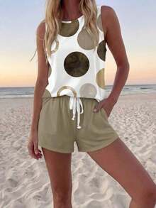, Conjunto de 2 Piezas para Mujer, Camisola de Cuello Redondo con Estampado de Lunares y Pantalones Cortos, Ideal para Verano, Conjunto Casual de Dos Piezas para Salir. - Multicolor 16 - Ver 9
